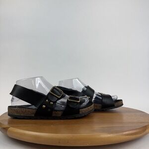 Womens Saint Laurent Paris Black Leather Strappy Slingback Flat Sandals Size 37